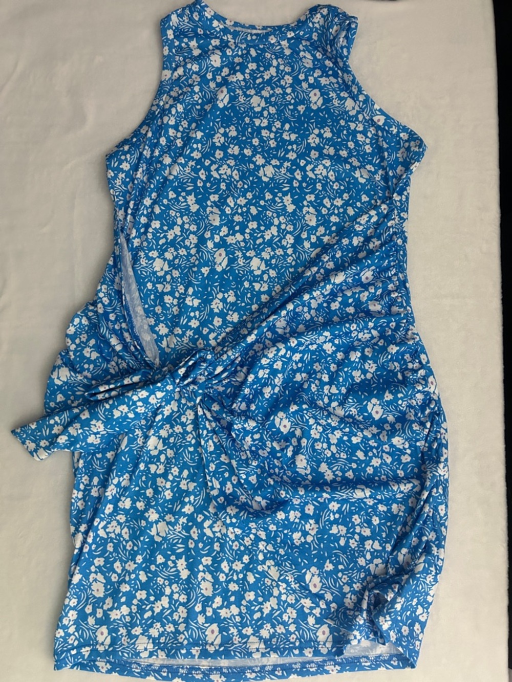 Light Blue Floral Tie-Waist Dress with White Print